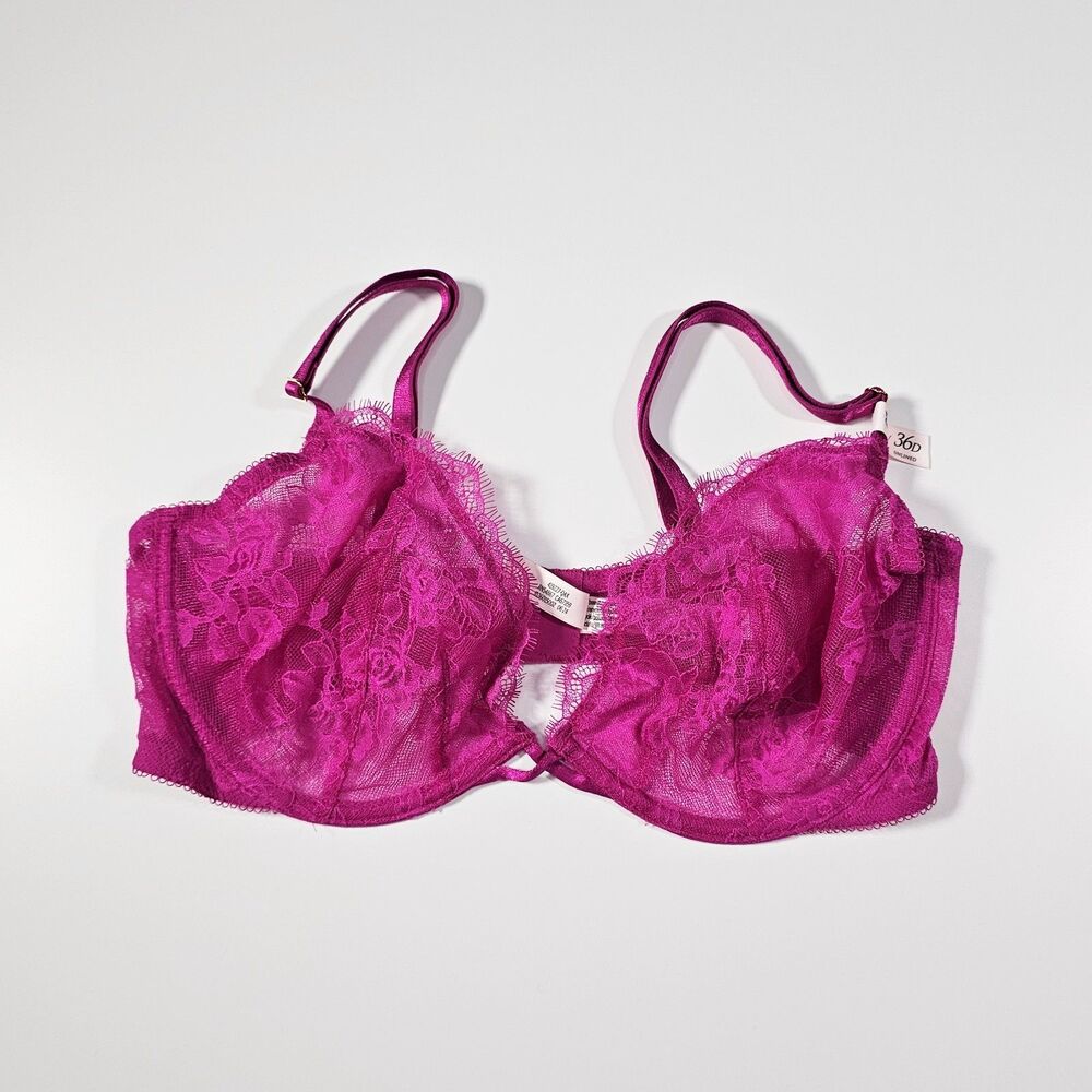 Victoria's Secret Very Sexy Rose Lace Unlined Low Cut Demi Bra 36D Fuchsia Pink